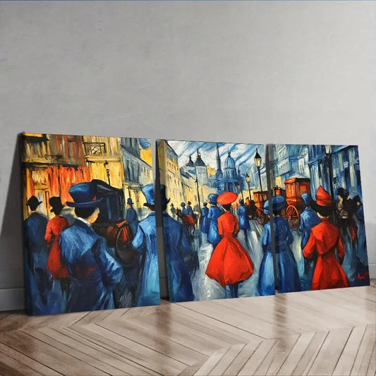 3pcs  Vibrant Market Scene with People in Red Wall Art Set Canvas Framed 40x60cm - High Quality Print 100% Australian Made Wall Canvas Ready to Hang