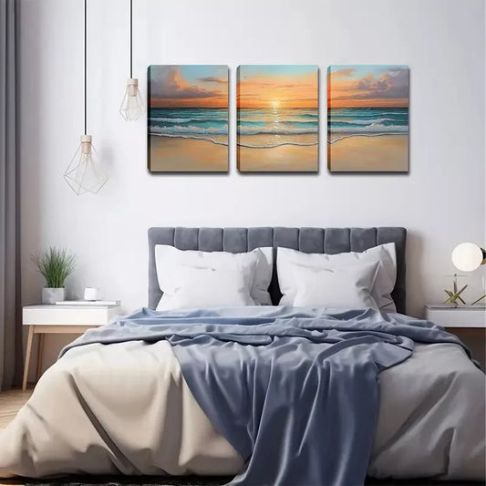 3pcs Serene Beach Scene Waves, and Golden Sunset Wall Art Set Canvas Framed 40x60cm - High Quality Print 100% Australian Made Wall Canvas Ready to Hang
