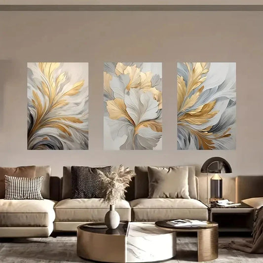 3pcs Golden Leaf Metal Print Ready to Hang Art