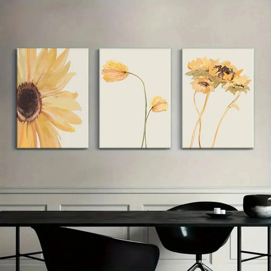 3pcs Bright Yellow Flowers Oil Painting Metal Print Ready to Hang Art
