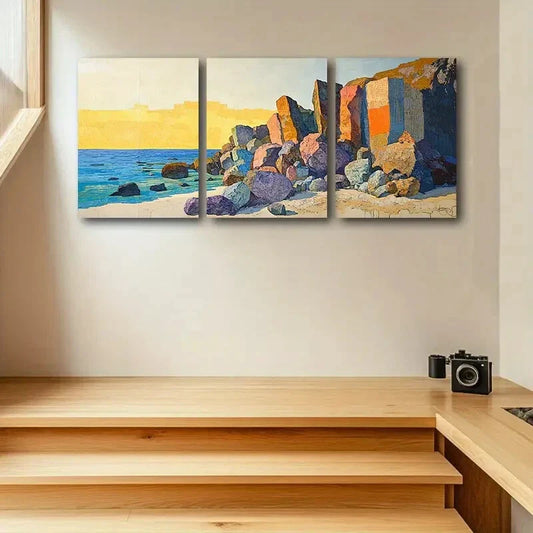 3pcs Seaside with Large Rocks Metal Print Ready to Hang Art