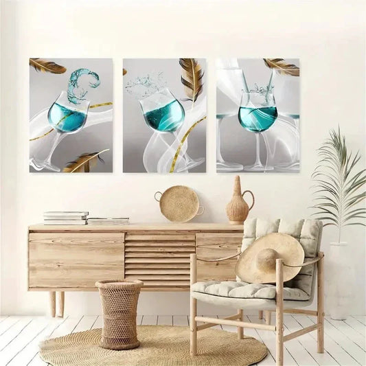 3pcs Teal Wine in Cups Metal Print Ready to Hang Art