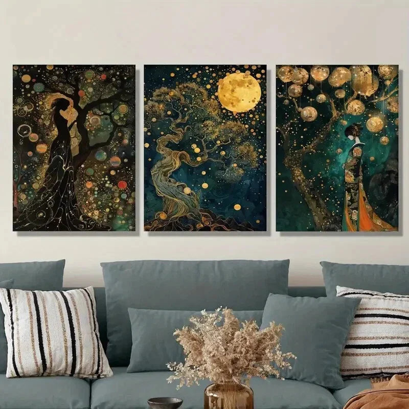 3pcs Depicting a Girl Illuminated by The Moon Metal Print Ready to Hang Art