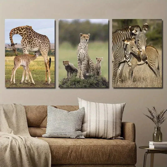 3pcs Giraffe Cheetah Zebra Wildlife Animal Metal Print Ready to Hang Art