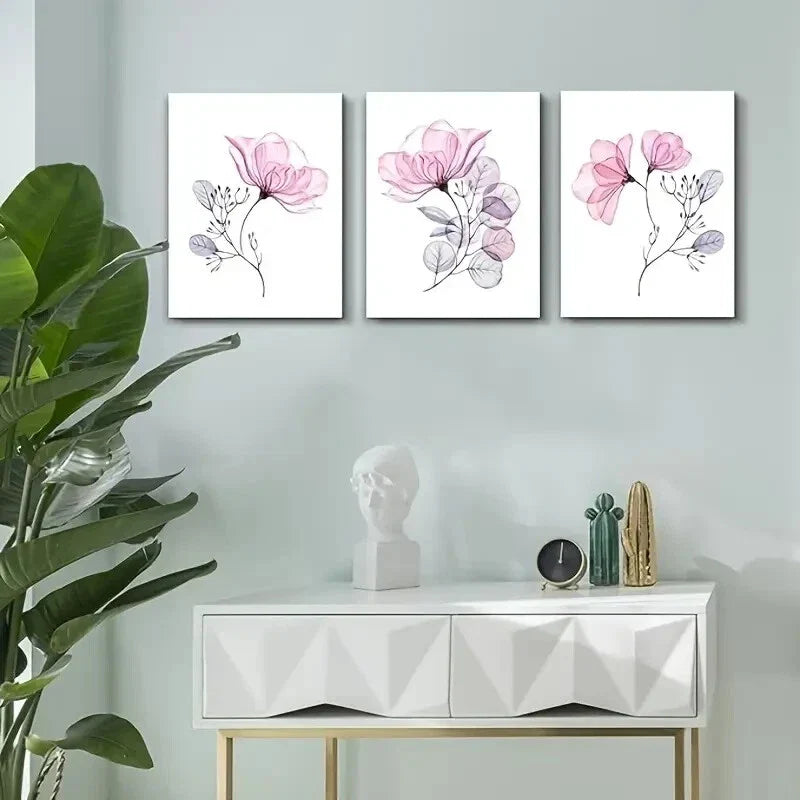 3pcs  Pink Flowers  Metal Print Ready to Hang Art