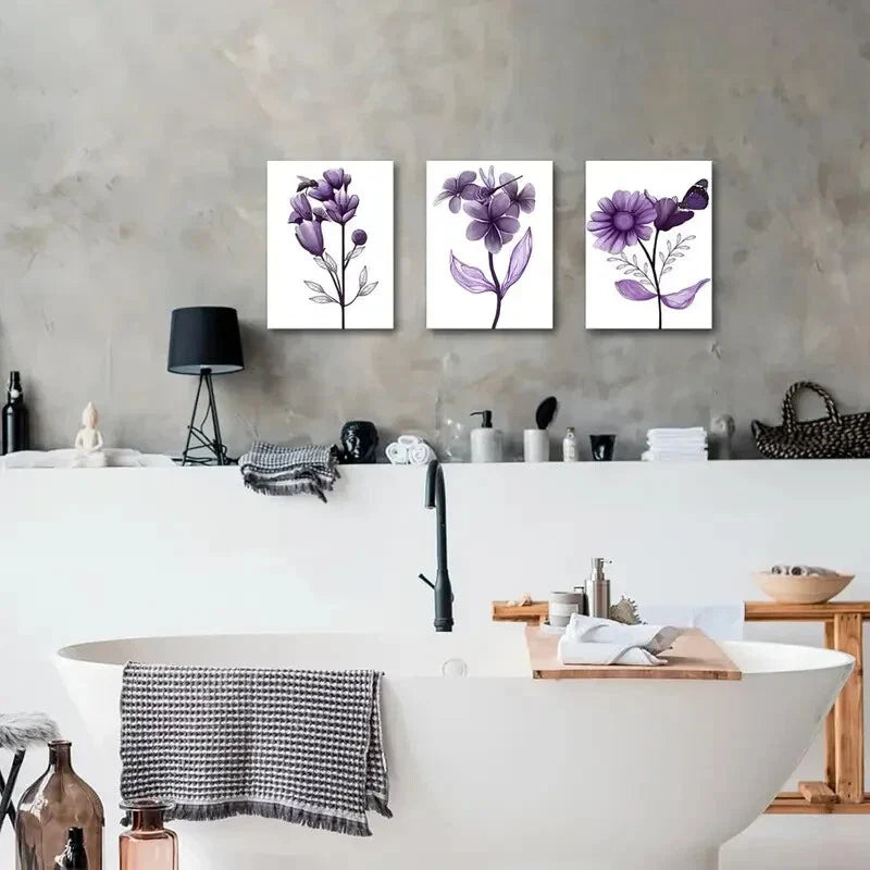 3pcs Transparent Floral with Butterfly Painting  Metal Print Ready to Hang Art