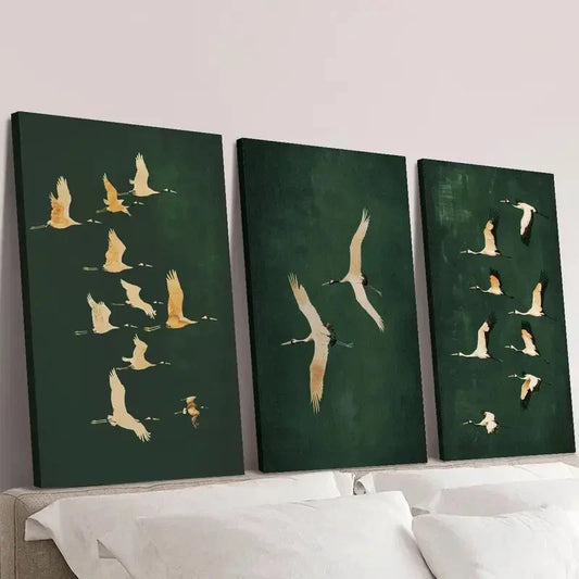 3pcs Featuring Cranes in Emerald Green Wall Art Set Canvas Framed 40x60cm - High Quality Print 100% Australian Made Wall Canvas Ready to Hang