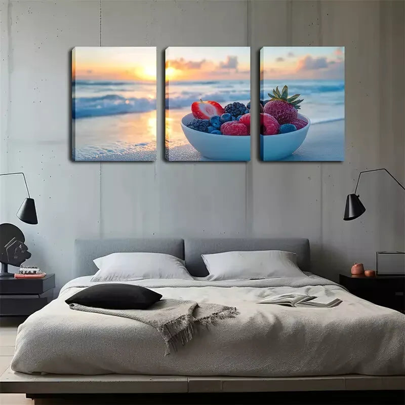 3pcs Beach, Bowl of Fruit, Oil Painting, Wall Art Set Canvas Framed 40x60cm - High Quality Print 100% Australian Made Wall Canvas Ready to Hang