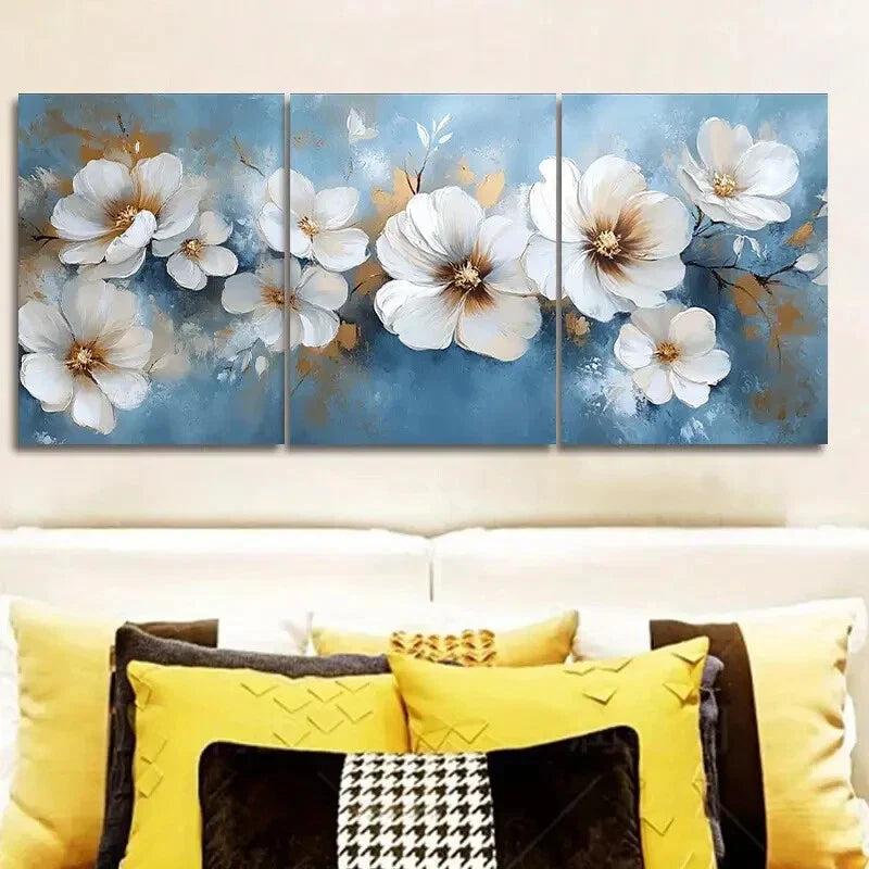 3pcs White Flowers On A Blue Background Metal Print Ready to Hang Art