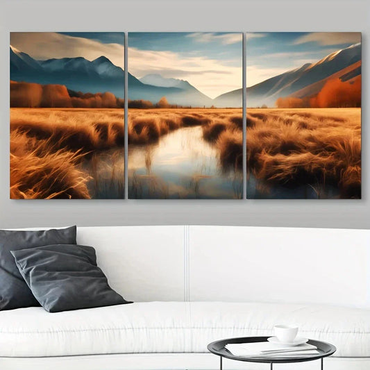 3pcs Warm Tones Serene Meadow Mountain Views Metal Print Ready to Hang Art