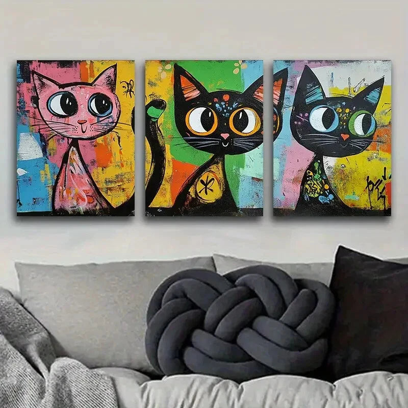 3pcs Colorful cats with big eyes  Metal Print Ready to Hang Art