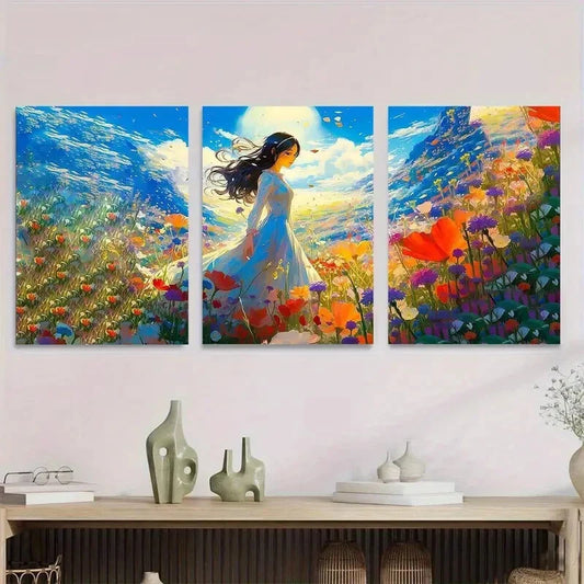 3pcs Panel Beautiful Woman in Flower Field Metal Print Ready to Hang Art