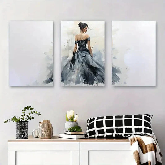 3pcs Abstract Woman in Black Dress Elegant Metal Print Ready to Hang Art