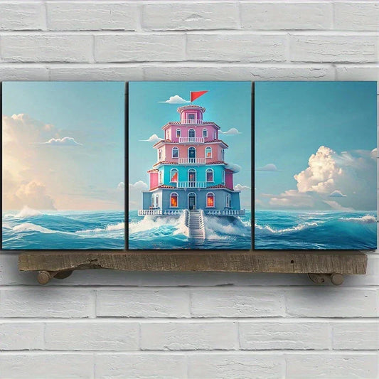 3pcs Dream Water Tower White Clouds Metal Print Ready to Hang Art