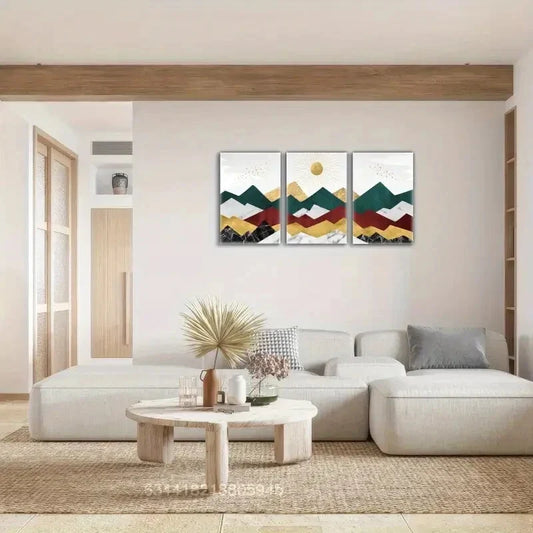 3pcs Geometric pattern mountains, Golden sun,Metal Print Ready to Hang Art