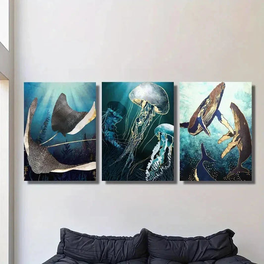 3pcs Abstract fantasy ocean whale octopus Metal Print Ready to Hang Art