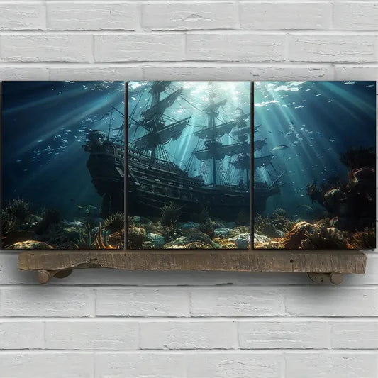 3pcs Sunken Pirate Ship Underwater Shipwreck Metal Print Ready to Hang Art