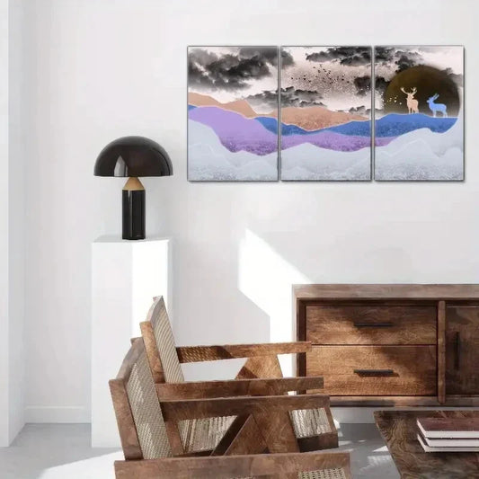 3pcs Sika Deer & Mountain Landscape Metal Print Ready to Hang Art