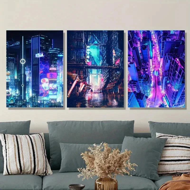 3pcs Vibrant Neon Futuristic Skylines, Modern Metal Print Ready to Hang Art
