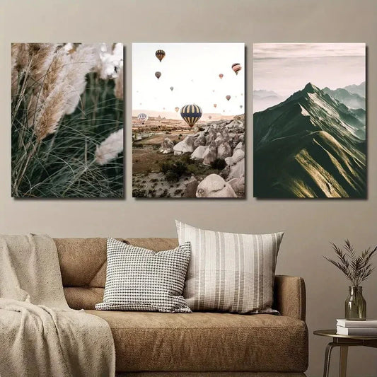 3pcs Plants Pampas Grass Mountains And Hot Air Metal Print Ready to Hang Art