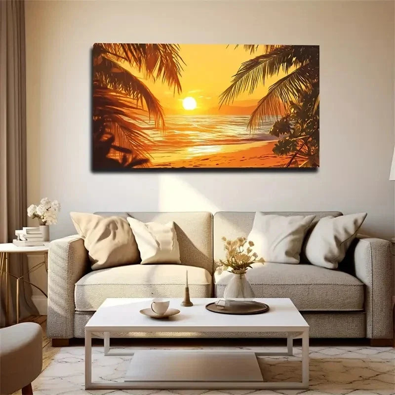 Warm Yellow Beach Suitable Wall Art Canvas Office Home Room Framed 80x45cm