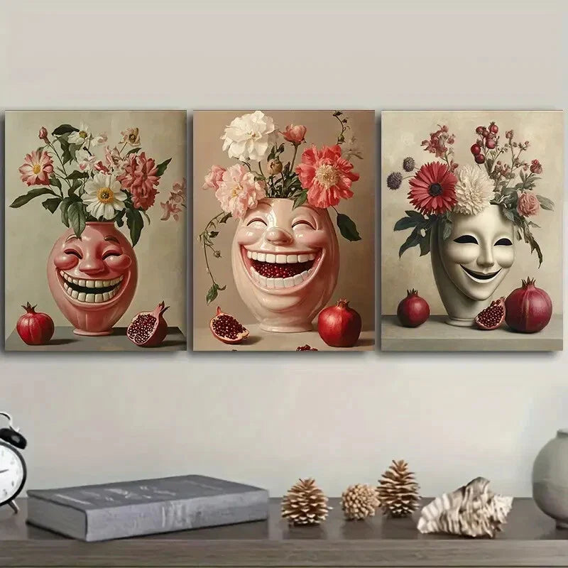 3pcs A Vase with Carved Faces  Metal Print Ready to Hang Art