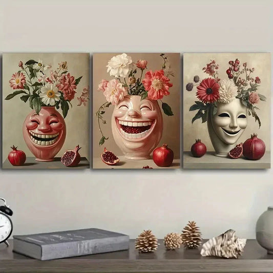 3pcs A Vase with Carved Faces  Metal Print Ready to Hang Art