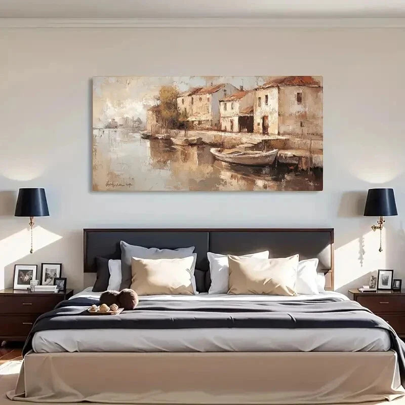 Serene River & Boats Vintage Wall Art Canvas Office Home Room Framed 120x60cm