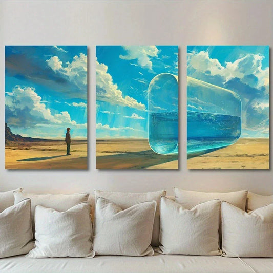 3pcs White Clouds Iceberg Man Standing On Ground Metal Print Ready to Hang Art