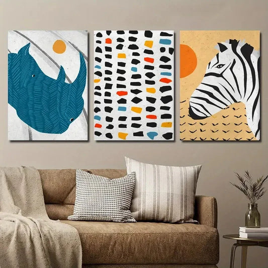 3pcs African Wildlife Murals Zebra & Rhino Metal Print Ready to Hang Art