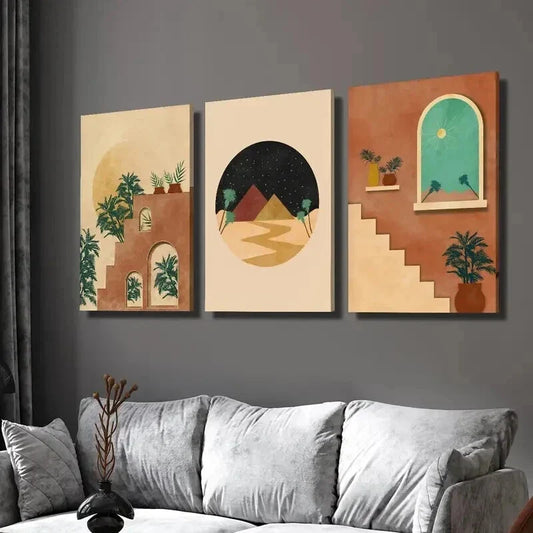 3pcs Moroccan Burnt Orange Oasis in the Desert Wall Art Set Canvas Framed 40x60cm - High Quality Print 100% Australian Made Wall Canvas Ready to Hang
