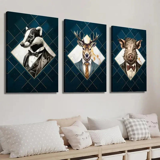 3pcs Badger Deer and Pig in Suits Wall Art Set Canvas Framed 40x60cm - High Quality Print 100% Australian Made Wall Canvas Ready to Hang