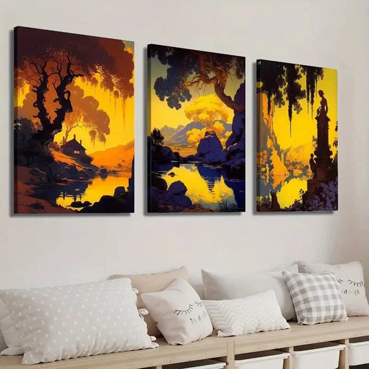 3pcs Mountain Lake Forest Nature Yellow Statue Wall Art Set Canvas Framed 40x60cm - High Quality Print 100% Australian Made Wall Canvas Ready to Hang