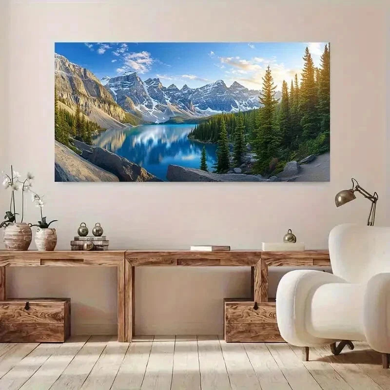 Sunlit Mountain and Lake wall canvas office home room framed 120x60cm