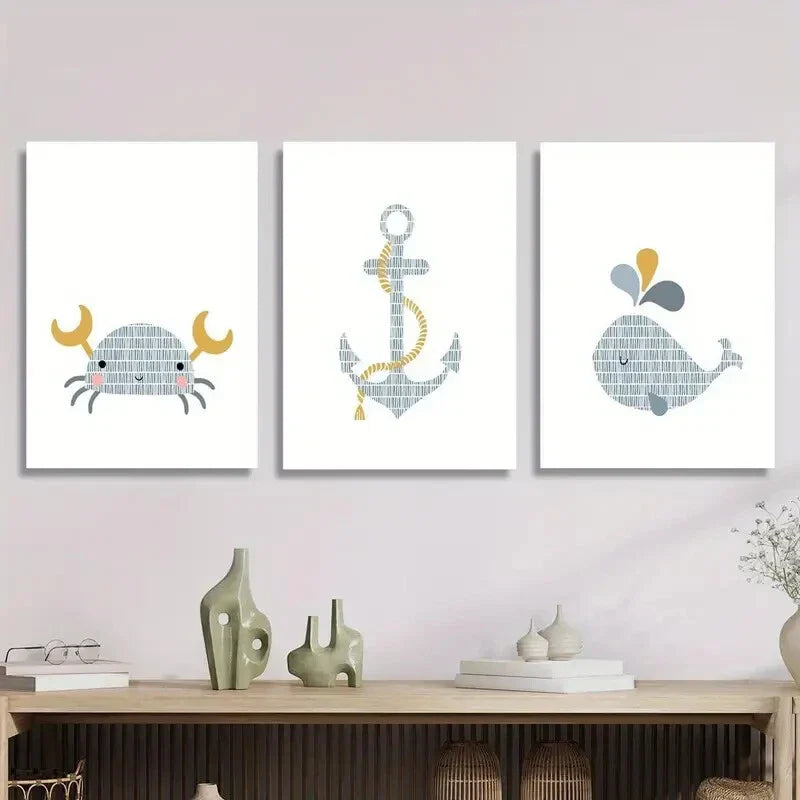 3pcs Watercolor Crab, Anchor & Whale Metal Print Ready to Hang Art