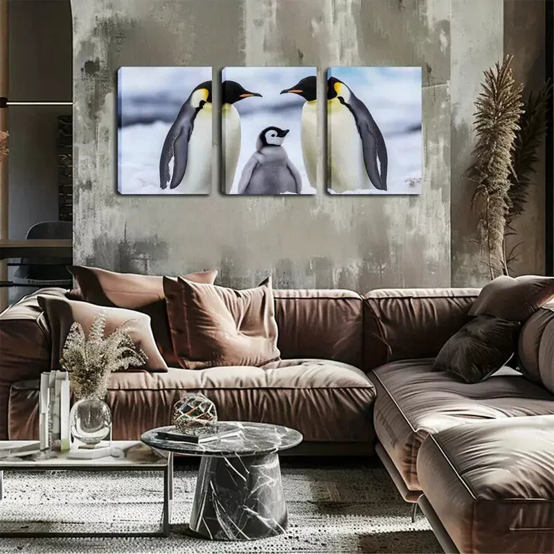 3pcs One Penguin Family  Wall Art Set Canvas Framed 40x60cm - High Quality Print 100% Australian Made Wall Canvas Ready to Hang