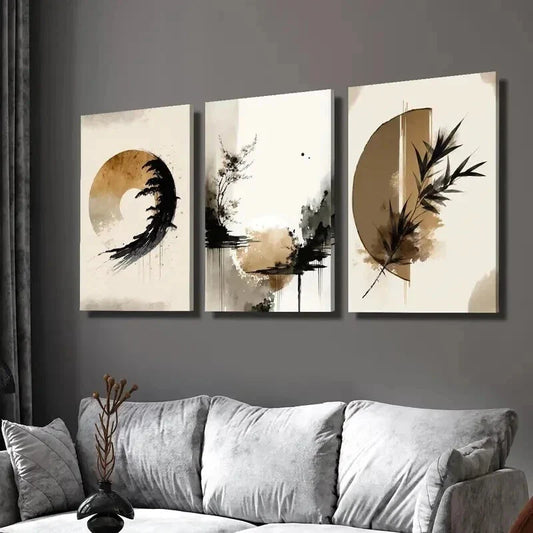 3pcs Natural Beige Wash Leaf & Zen Landscape Wall Art Set Canvas Framed 40x60cm - High Quality Print 100% Australian Made Wall Canvas Ready to Hang