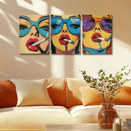 3pcs Vibrant Blue Glasses & Red Lips Metal Print Ready to Hang Art