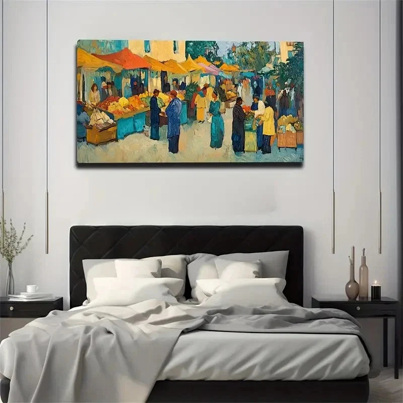 Vibrant Market Scene Colorful Wall Art Canvas Office Home Room Framed 120x60cm