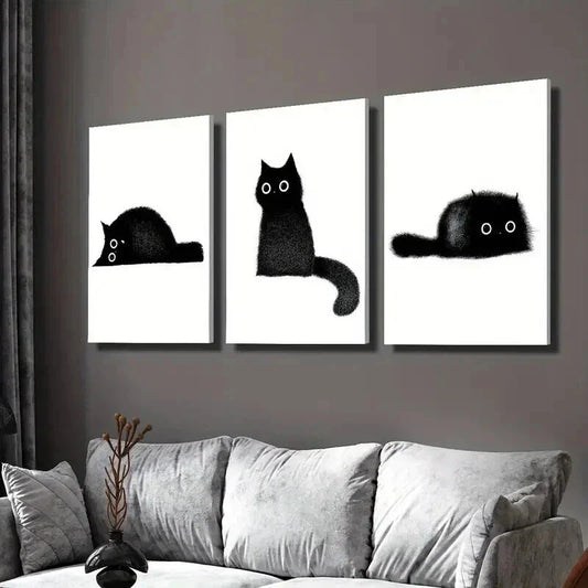 3pcs Black Little Coal Cat Illustration Wall Art Set Canvas Framed 40x60cm - High Quality Print 100% Australian Made Wall Canvas Ready to Hang