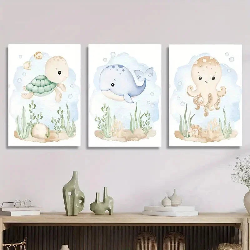 3pcs Turtle, Whale & Octopus, Modern Ocean Metal Print Ready to Hang Art