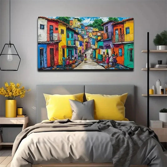 Vibrant Hillside Colorful House Wall Art Canvas Office Home Room Framed 120x60cm