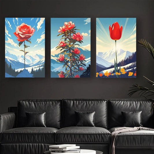 3pcs Flowers Blooming on Snow Peaks Metal Print Ready to Hang Art
