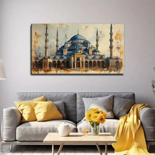 Aesthetic Elegant Blue & Gold Wall Art Canvas Office Home Room Framed 120x60cm