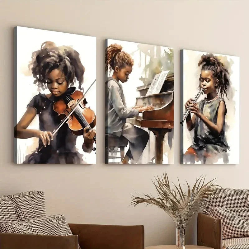 3pcs Black African American Girl Musical Instruments Wall Art Set Canvas Framed 40x60cm - High Quality Print 100% Australian Made Wall Canvas Ready to Hang