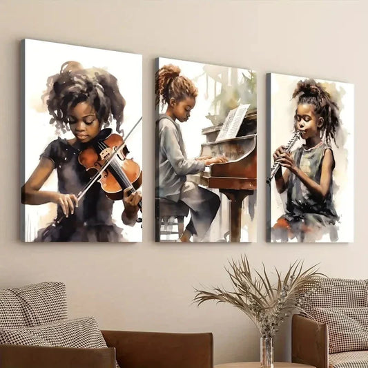 3pcs Black African American Girl Musical Instruments Wall Art Set Canvas Framed 40x60cm - High Quality Print 100% Australian Made Wall Canvas Ready to Hang