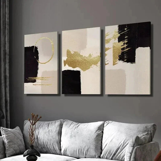 3pcs Golden Black Geometric Painting Wall Art Set Canvas Framed 40x60cm - High Quality Print 100% Australian Made Wall Canvas Ready to Hang