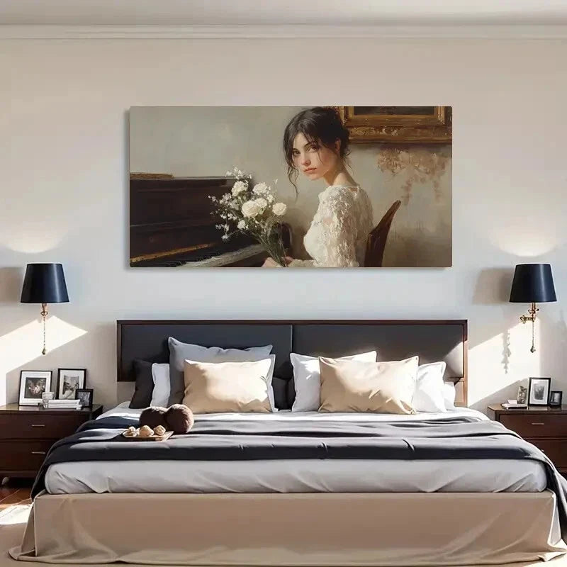 Vintage Dress White Roses Girl Wall Art Canvas Office Home Room Framed 120x60cm