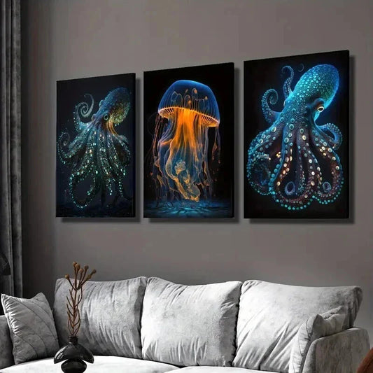 3pcs Glowing Octopus Jellyfish Illustration Wall Art Set Canvas Framed 40x60cm - High Quality Print 100% Australian Made Wall Canvas Ready to Hang
