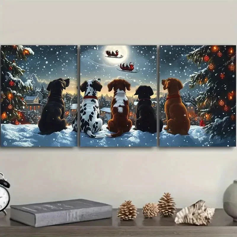 3pcs Festive Dogs Watching Santa Claus, Metal Print Ready to Hang Art